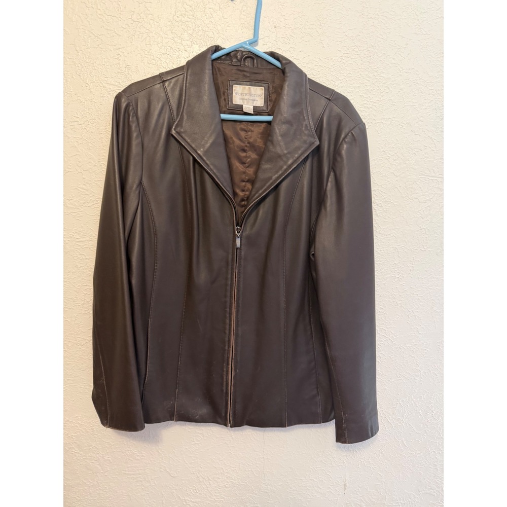 Worthington Dark Brown Genuine Lambskin Leather Zip Up Jacket Womens XL